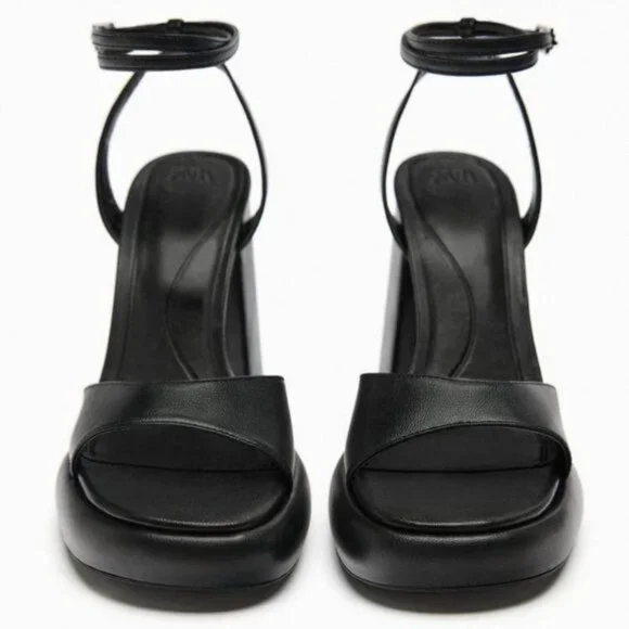 ZARA HIGH-HEEL PLATFORM SANDALS BLACK SIZE 63307/110